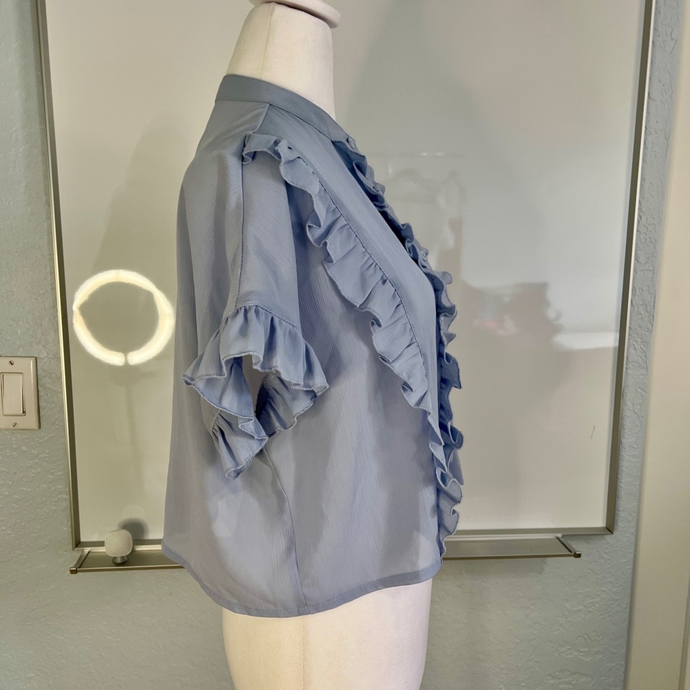 Light Blue Ruffled Button-Up Blouse - Picture 2 of 12